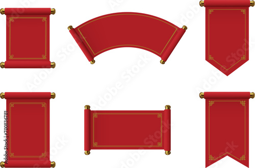 red and gold chinese scrolls. set of isolated red parchments with gold decorations