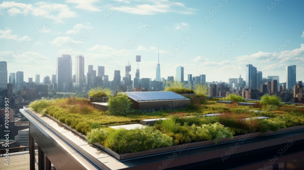 Obraz premium Nature's Oasis: A Sustainable Urban Haven with a Breathtaking Cityscape Backdrop