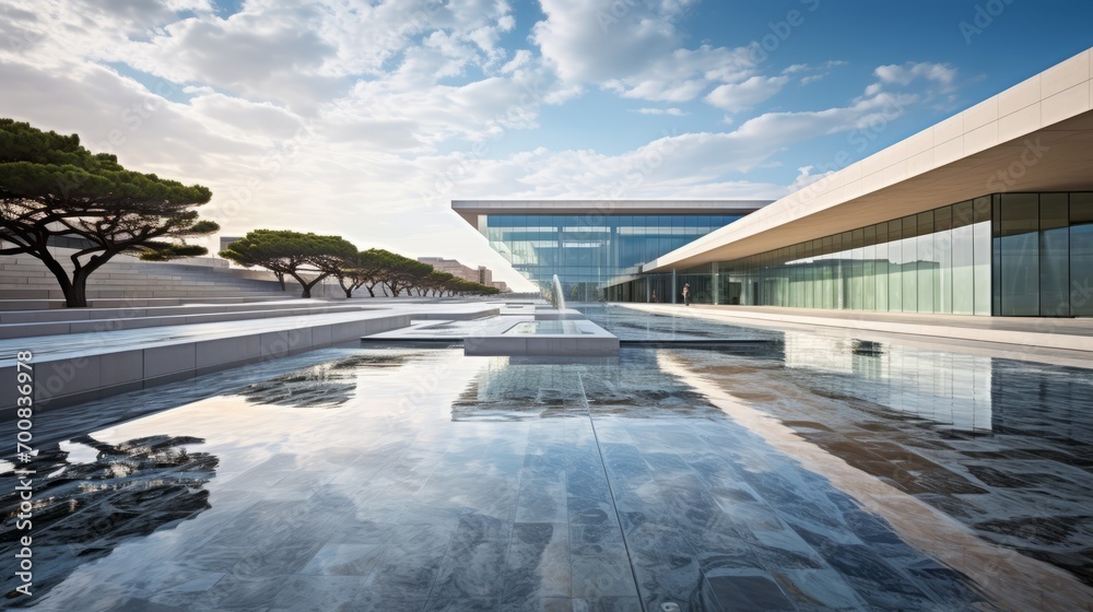 Reflective Oasis: Captivating Water Feature Embraces Modern Architecture and Sky in Artistic Plaza