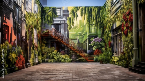 Urban Oasis: Where Architecture Meets Street Art in a Green Alley