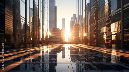 Urban Elegance: Captivating Sunlight and Shadow Dance on Mirrored Skyscrapers, Showcasing the Beauty of Modern Architecture photo