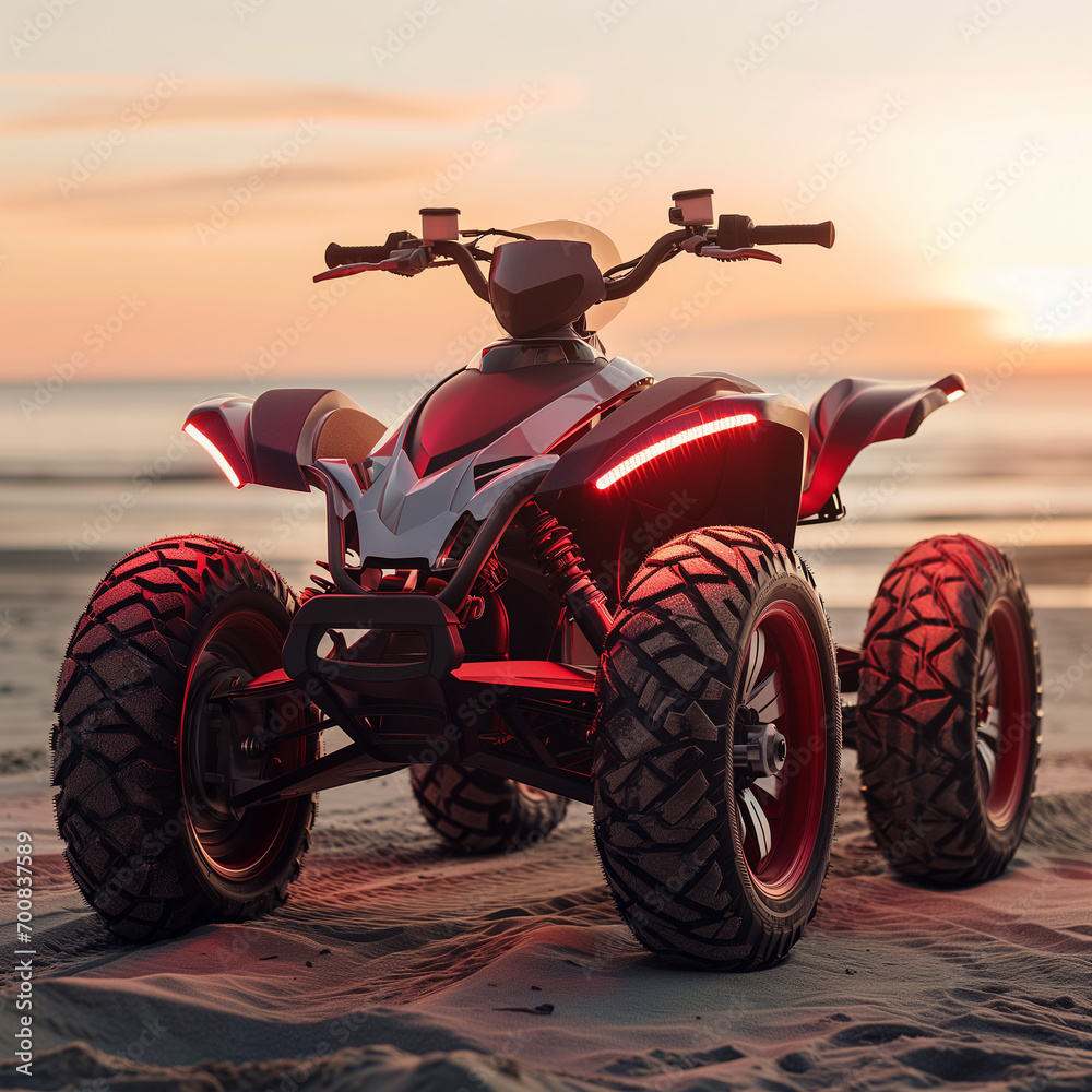 Fototapeta premium Riding into the Golden Glow: The Ultimate Electric ATV on a Beach at Sunset