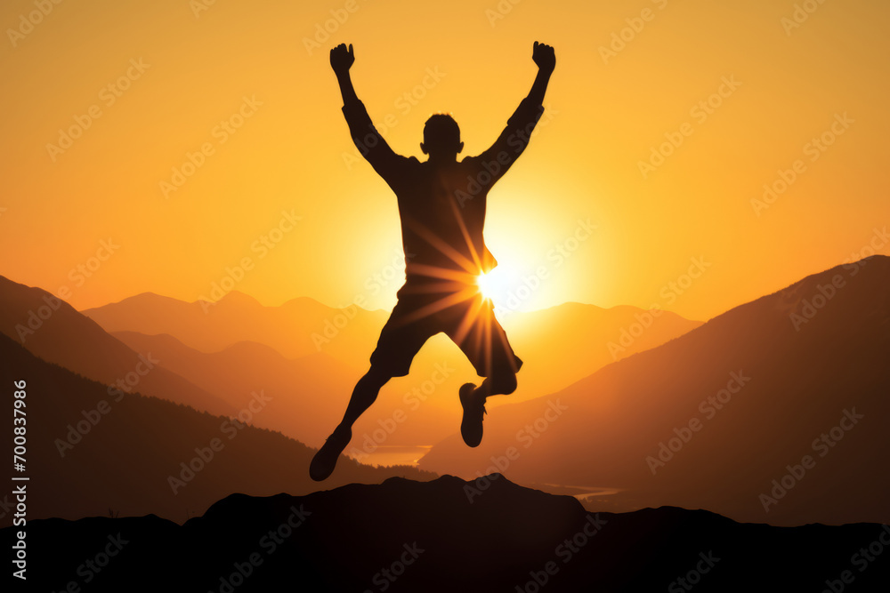 A person jumps in the air with their hands up, exuding happiness and vibrant energy.