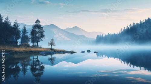 Serene Sunrise: Captivating Mountain Lake Reflections in Tranquil Dawn Mist - HDR Landscape Photography