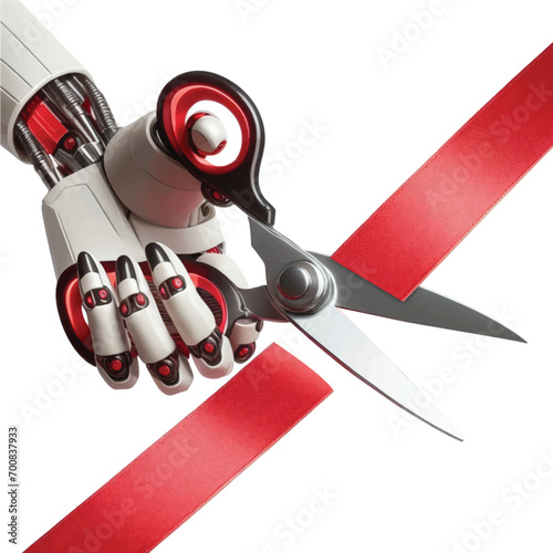 robotic hand with scissor cutting red ribbon