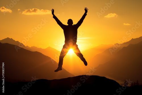 A person leaps into the air atop a mountain, expressing joy and positive energy.