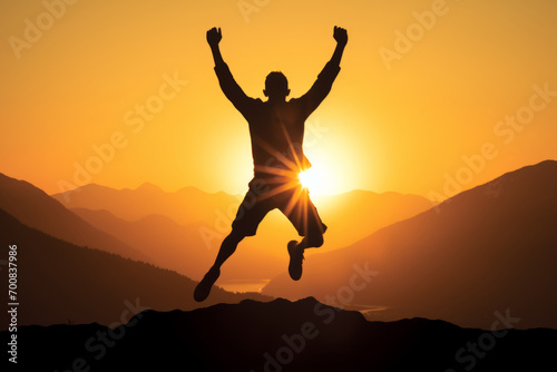 A person jumps in the air with their hands up, exuding happiness and vibrant energy. photo