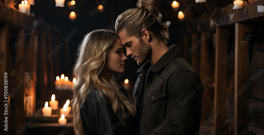 A man and a woman stand close to each other, their romantic portrait captured in soft, moody lighting.