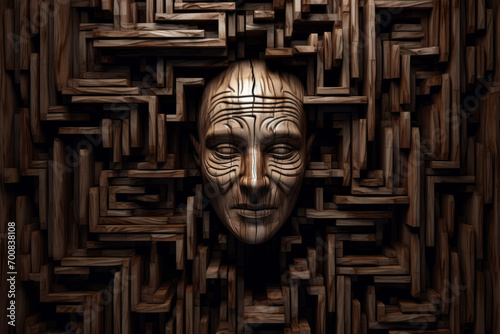 A wooden sculpture of a man's face is intricately carved into a maze.