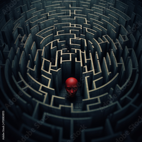 A red head hides within a 3D maze, symbolizing a consciousness trapped in the void. photo