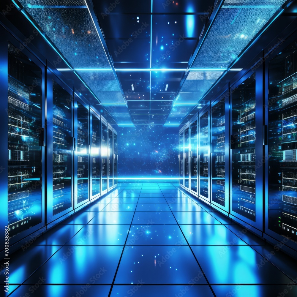 Obraz premium Powerful and Secure: Illuminating the Future of High-Tech Cybersecurity in a Glowing Server Room Data Center