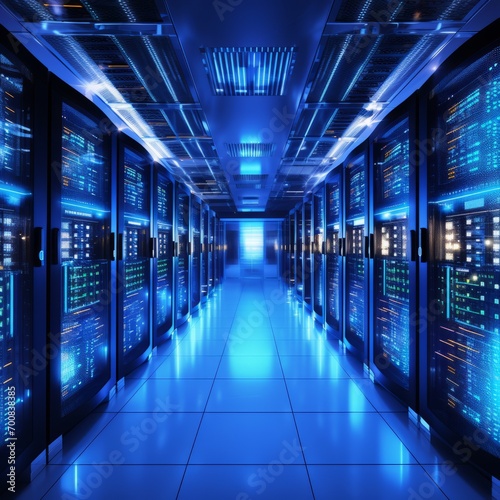Powerful and Secure: Illuminating the Future of High-Tech Cybersecurity in a Glowing Server Room Data Center © ASoullife