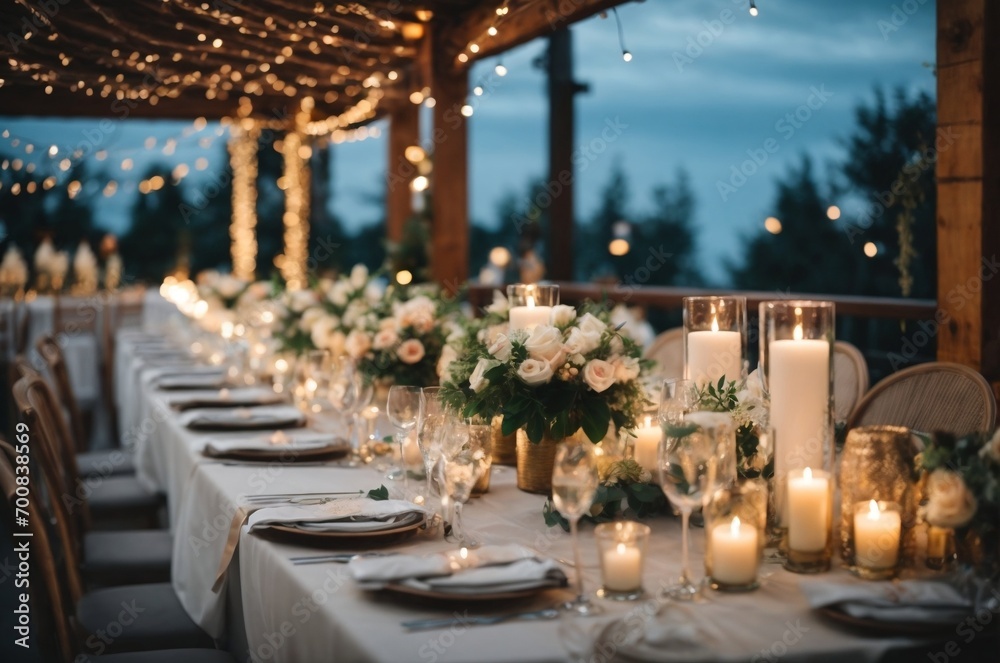 Enchanting Wedding Table Setting with String Lights and Candles. Nighttime Elegance