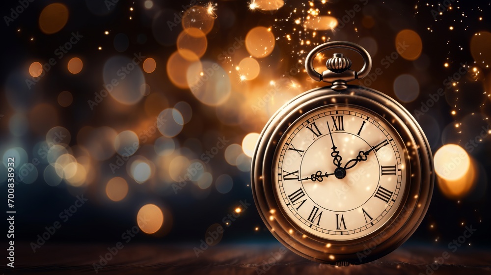 Timeless Elegance: Antique Pocket Watch Embraces Midnight Amidst Sparkling Celebration Lights