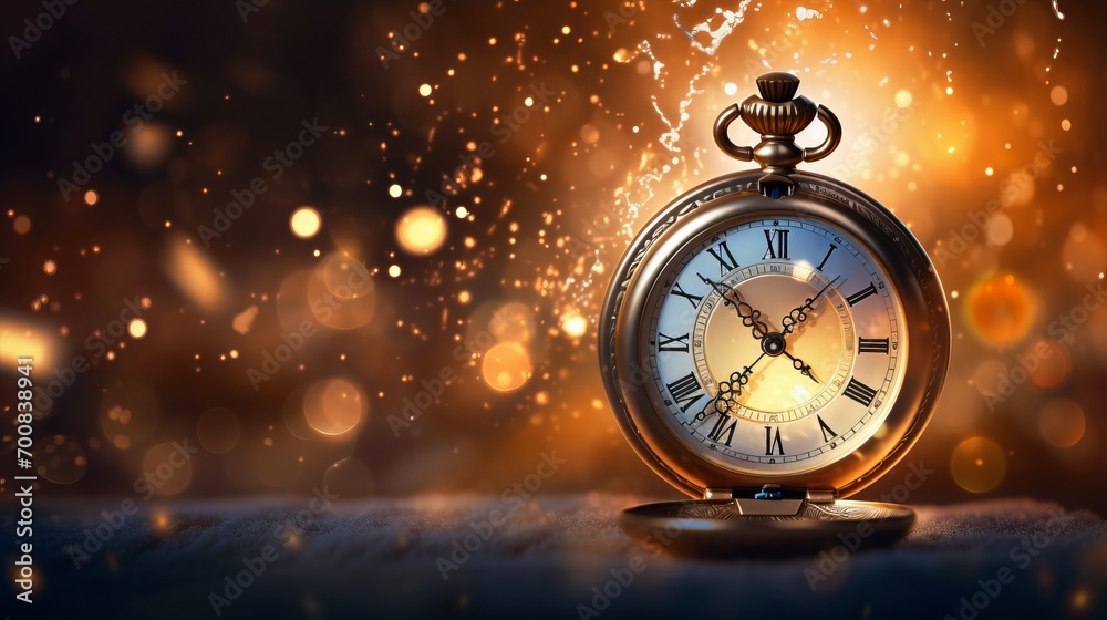 Timeless Elegance: Antique Pocket Watch Embraces Midnight Amidst Sparkling Celebration Lights