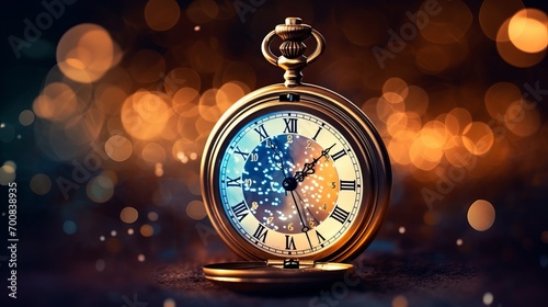 Timeless Elegance: Antique Pocket Watch Embraces Midnight Amidst Sparkling Celebration Lights