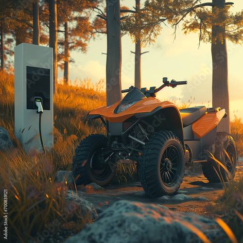 Sustainable Travel: The Electric Quad Bike Charging Amidst the Tranquil Woods photo