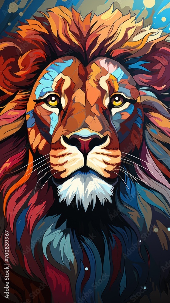 A painting of a lion's face on a blue background A painting of a lion's face on a blue background