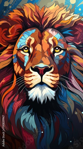 A painting of a lion s face on a blue background