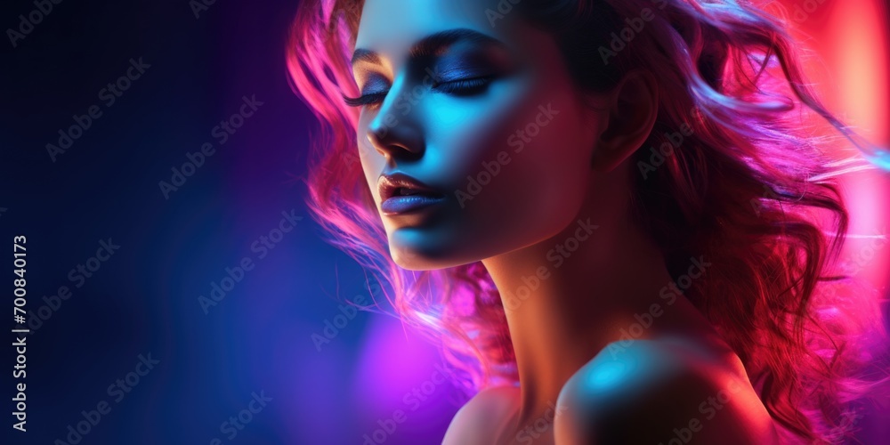 Long-haired beauty adorned in neon makeup, a captivating blend of bold colors and stunning elegance - obrazy, fototapety, plakaty 