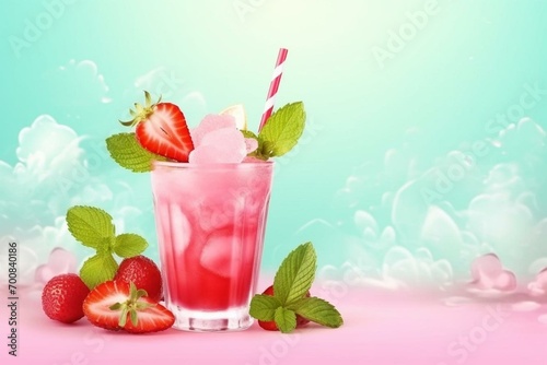 Pink cocktail banner with crushed ice, strawberry, and mint. Summer cold drink concept with space for text. Generative AI