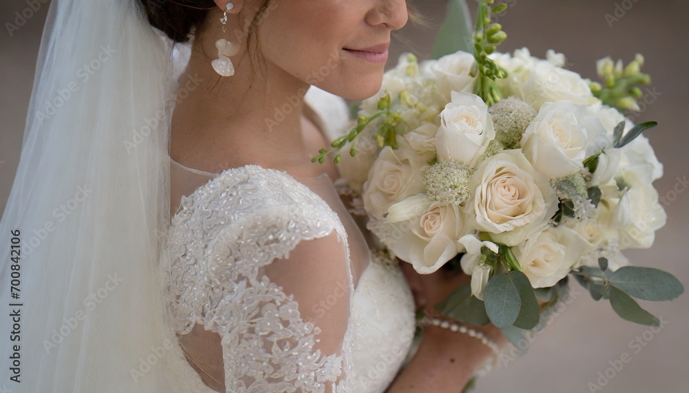 Naklejka premium Beautiful woman dressed as a bride, with a white dress and a bouquet of flowers. Pretty white woman with black hair. Girl about to get married or recently married.