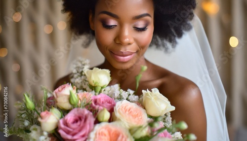 Beautiful woman dressed as a bride, with a white dress and a bouquet of flowers. Pretty African American woman. Girl about to get married or recently married. photo