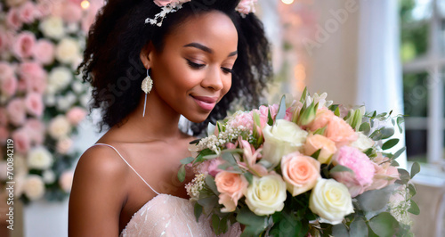 Beautiful woman dressed as a bride, with a white dress and a bouquet of flowers. Pretty African American woman. Girl about to get married or recently married. photo