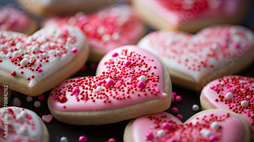 Valentine's day heart shaped sugar cookies, frosted with sprinkes photo