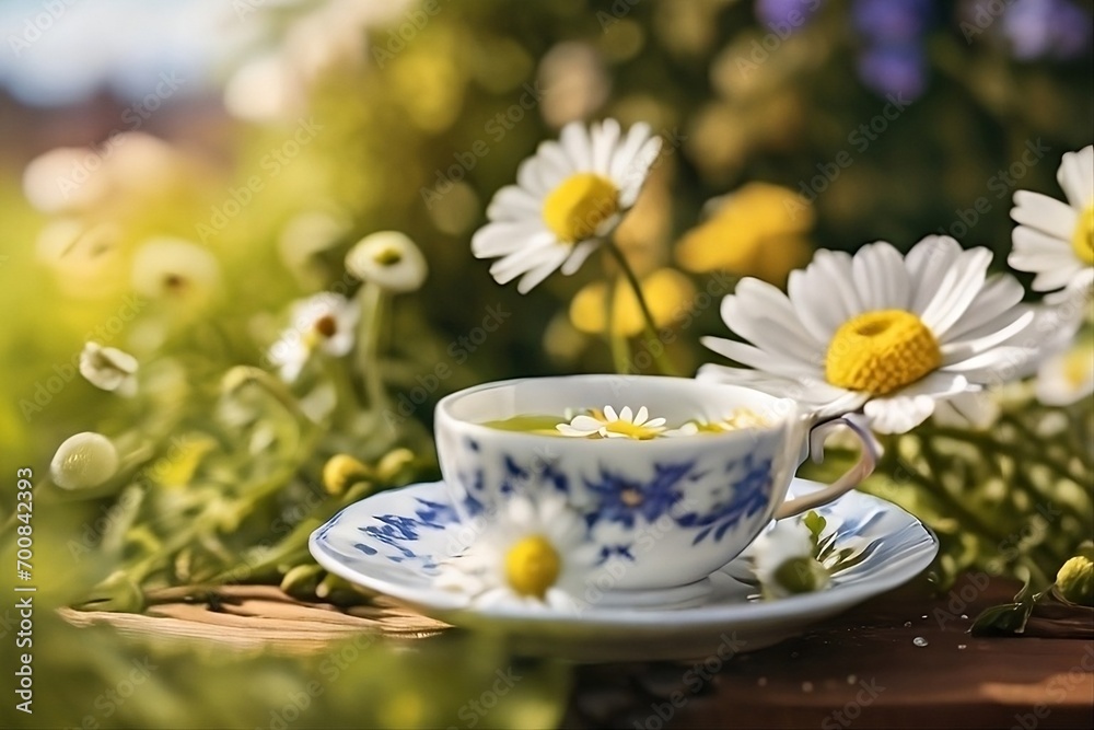 Discover tranquility in a spring garden scene – chamomile flowers in a teacup on a wooden table. Nature's beauty blooms with serenity and aromatic charm under the sunlit skies. Discover tranquility in a spring garden scene – chamomile flowers in a teacup on a wooden table. Nature's beauty blooms with serenity and aromatic charm under the sunlit skies.