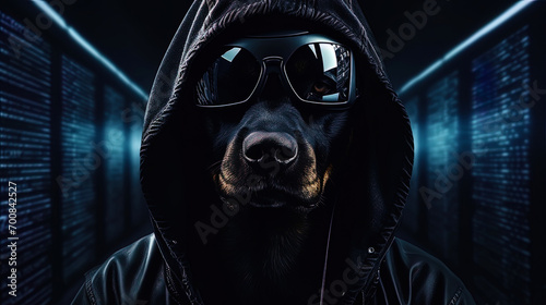 A hacker dog in a black cloak and a hood, peering into virtual reality photo