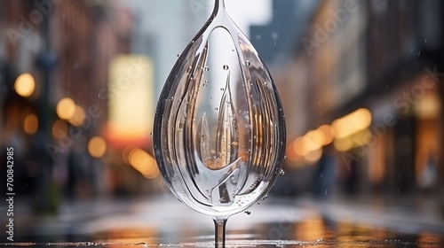Urban Serenity: Raindrops Glisten on Transparent Sculpture, Revealing a Vibrant Cityscape