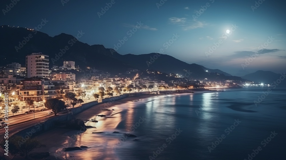 Obraz premium Enchanting Nightscapes: Illuminated Coastal Cityscape in Mesmerizing Long Exposure