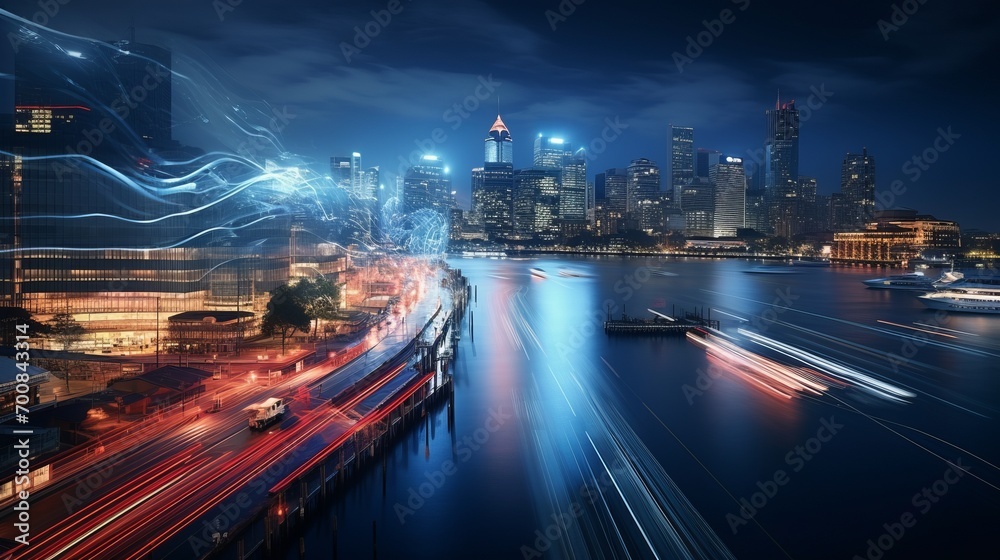 Obraz premium Neon Currents: Timeless City in Motion