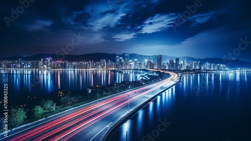 Enchanting Nightscapes  Illuminated Coastal Cityscape in Mesmerizing Long Exposure