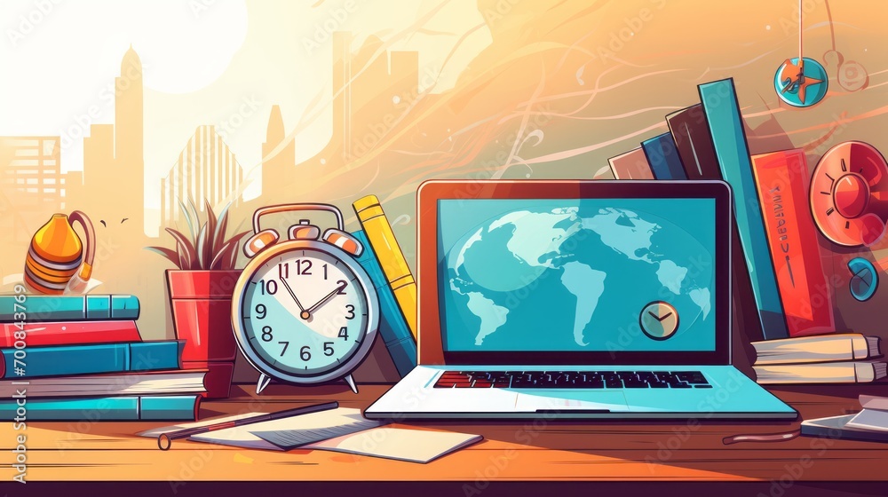 Efficient Study Oasis: Master Time Management with this Vibrant Student Workspace Vector Graphic Efficient Study Oasis: Master Time Management with this Vibrant Student Workspace Vector Graphic