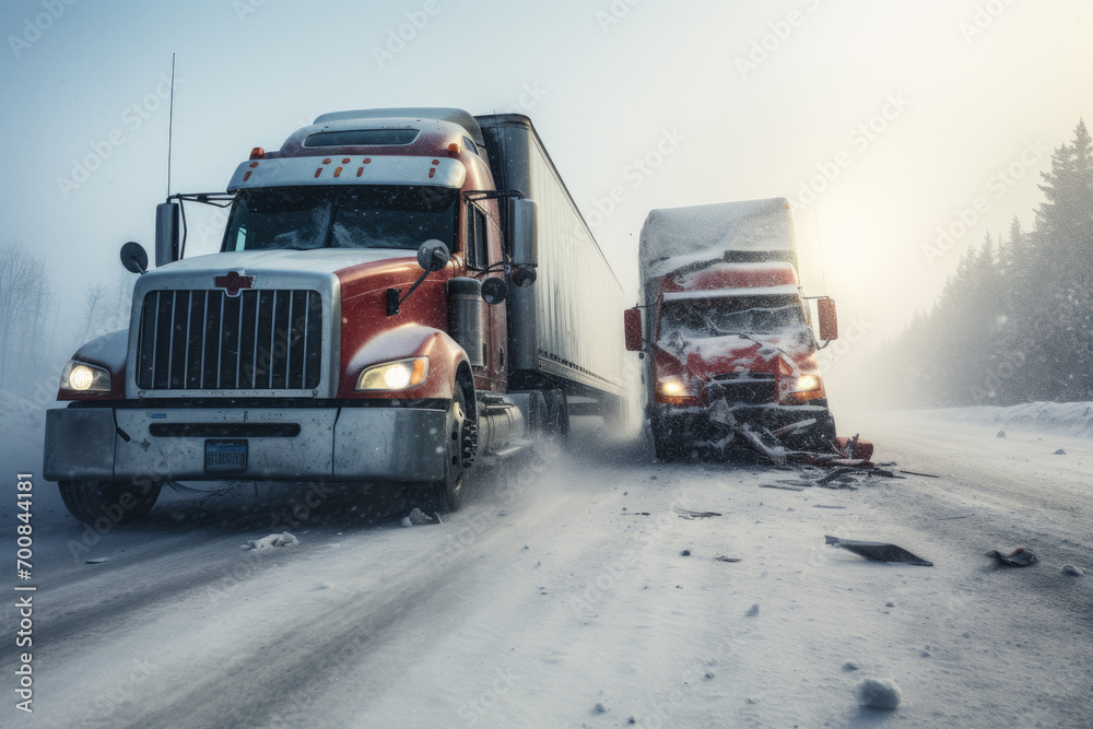 Semi Trucks on Snowy Road during Winter Transport Operations