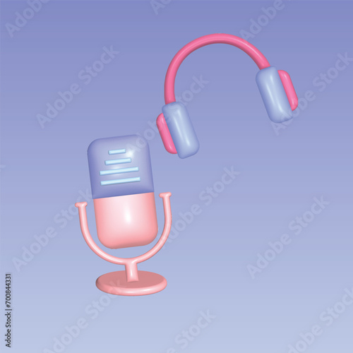 Recording audio podcast or online show concept. Realistic 3d object cartoon style. Vector colorful illustration.