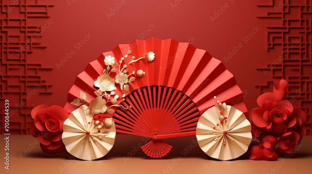 Celebrate Chinese New Year 2024 with a captivating 3D illustration featuring a majestic dragon, playful bunny, and vibrant red Chinese patterns, set against a whimsical hand fan backdrop.