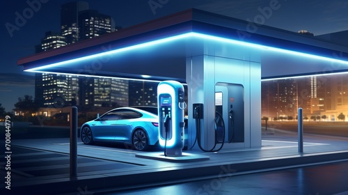 Revolutionary Home Charging Station: Empowering Electric Vehicles with Blue Energy Battery Charger. Unleash the Future of Fuel Power and Transportation. 3D Illustration Rendering.
