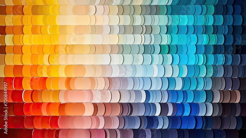 Color palette, swatches of different colors with brush and roller, paint sample catalog guide photo