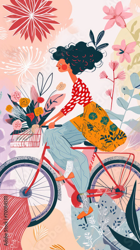 Bohemian Woman on Red Bicycle with Basket of Wildflowers, Pastel Floral Background