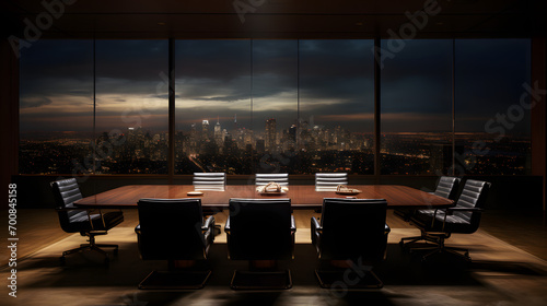 executive space conference room with large windows at night