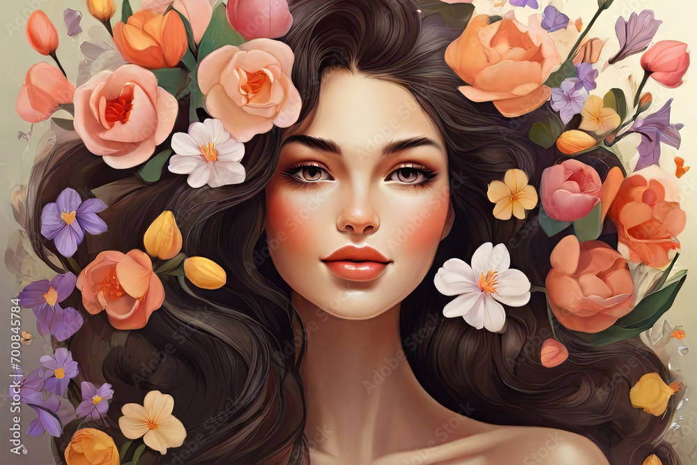 Spring blooms on woman's face Celebrating women's day, self love, and positive mental health. Ideal for empowering visuals. Spring blooms on woman's face Celebrating women's day, self love, and positive mental health. Ideal for empowering visuals.