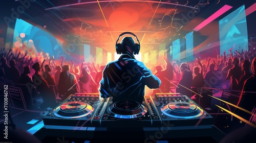 Electrifying Beats: Captivating DJ at Club, Mixing Tracks on Digital Turntable as Energetic Crowd Dances in Background