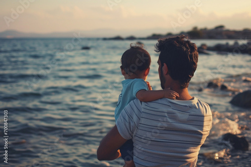 Un papa et son fils de dos, faisant face à la mer. Nature, eau, extérieur, horizon. Famille, enfant, père, garçon. Pour conception et création graphique. photo
