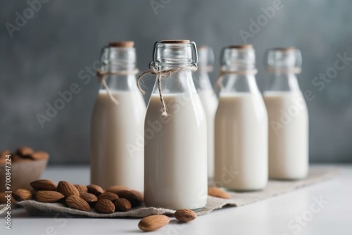 Bottled almond milk on a bright backdrop. Generative AI photo