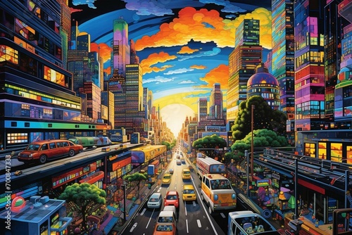 Vibrant cityscape depicting future aesthetics amidst urban setting and bustling traffic. Generative AI