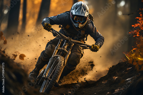 Action shot of cyclist speeding on dirt road extreme sport concept bike rider riding through forest on a foggy day. AI Generative