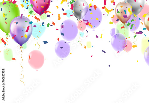 Colorful balloons and confetti on transparent background. Vector illustration.